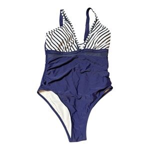 Navy and White Striped Swimsuit With Padding